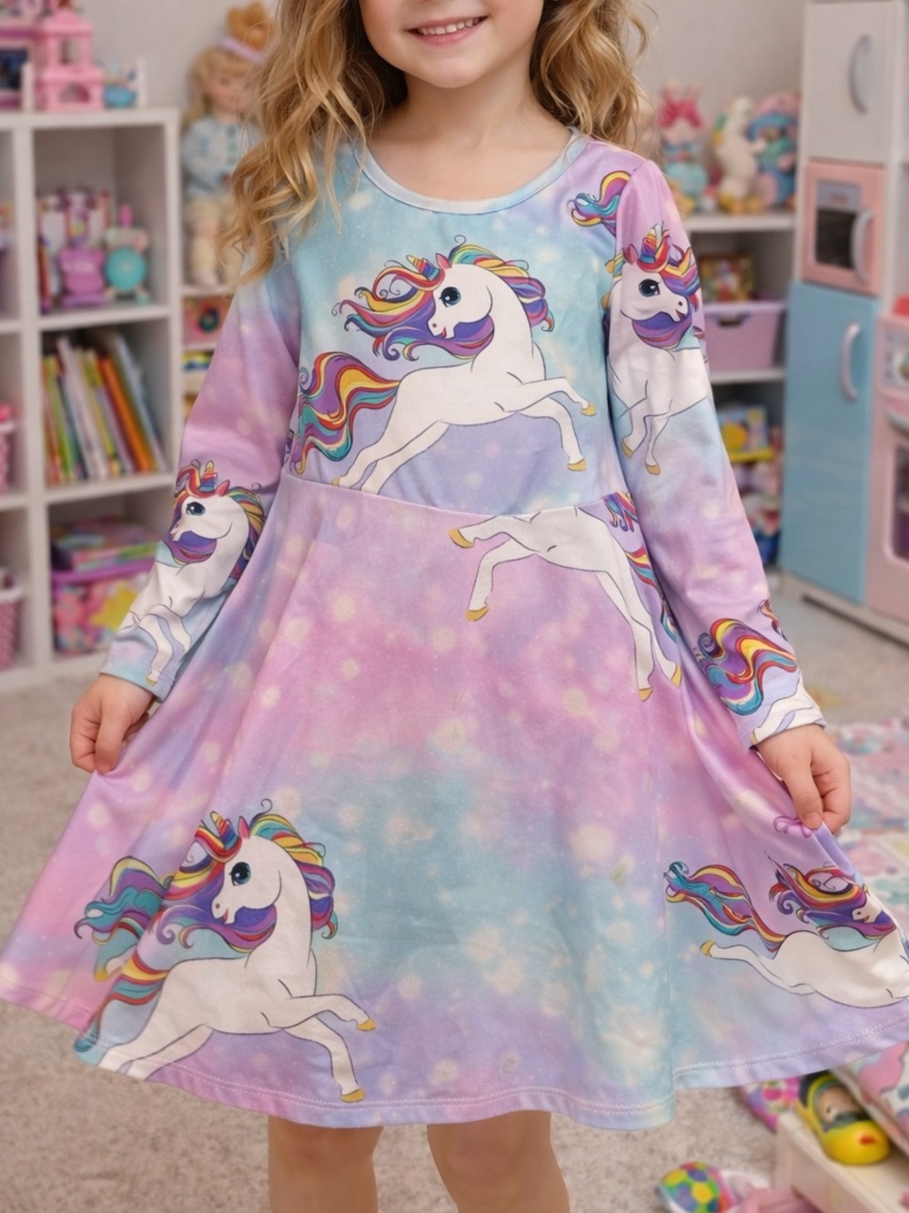Sunny Fashion Unicorn Dress Size 5 | Pastel Rainbow Long Sleeve Twirl Dress